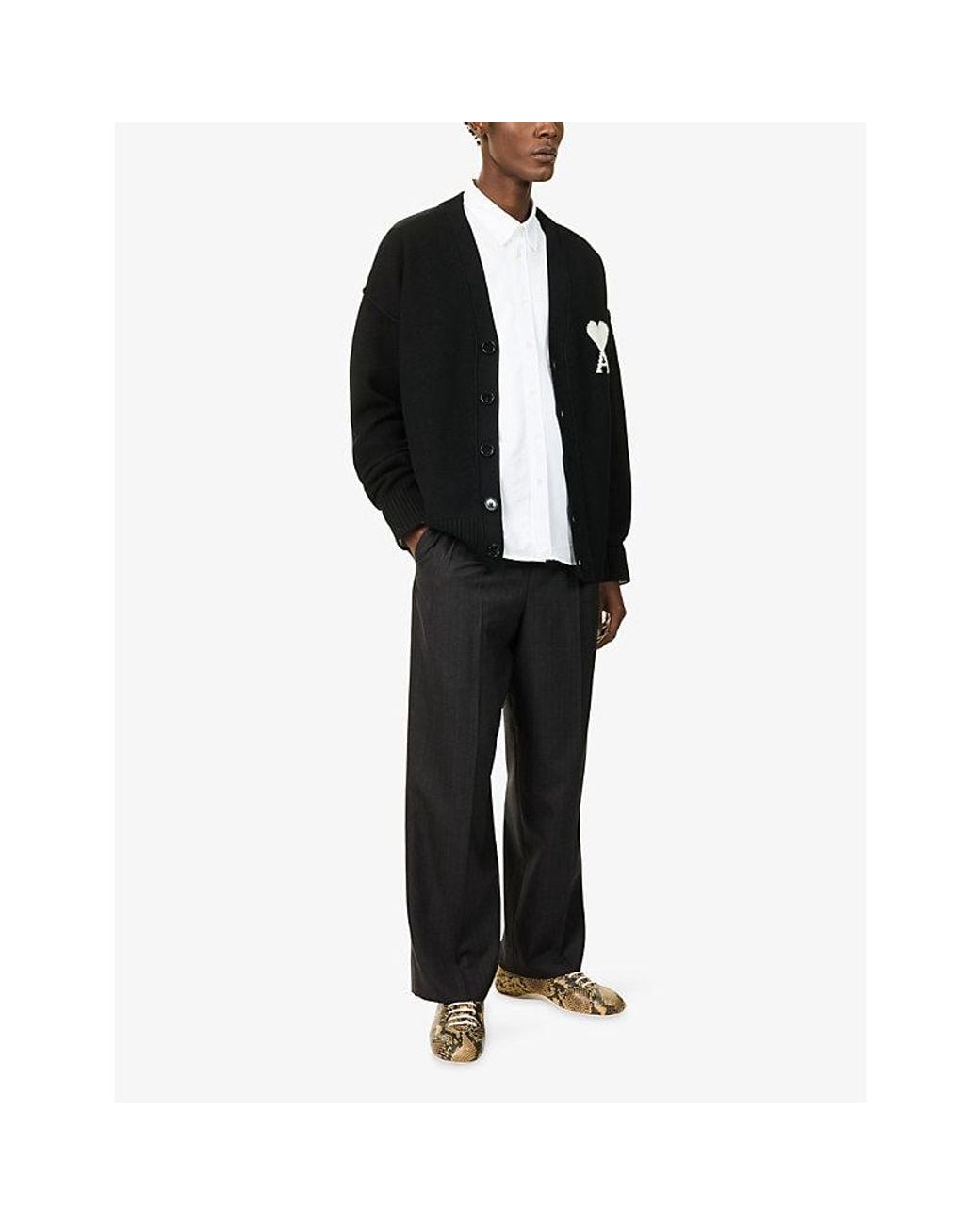 AMI Black Pleated Striped Wool Trousers for men