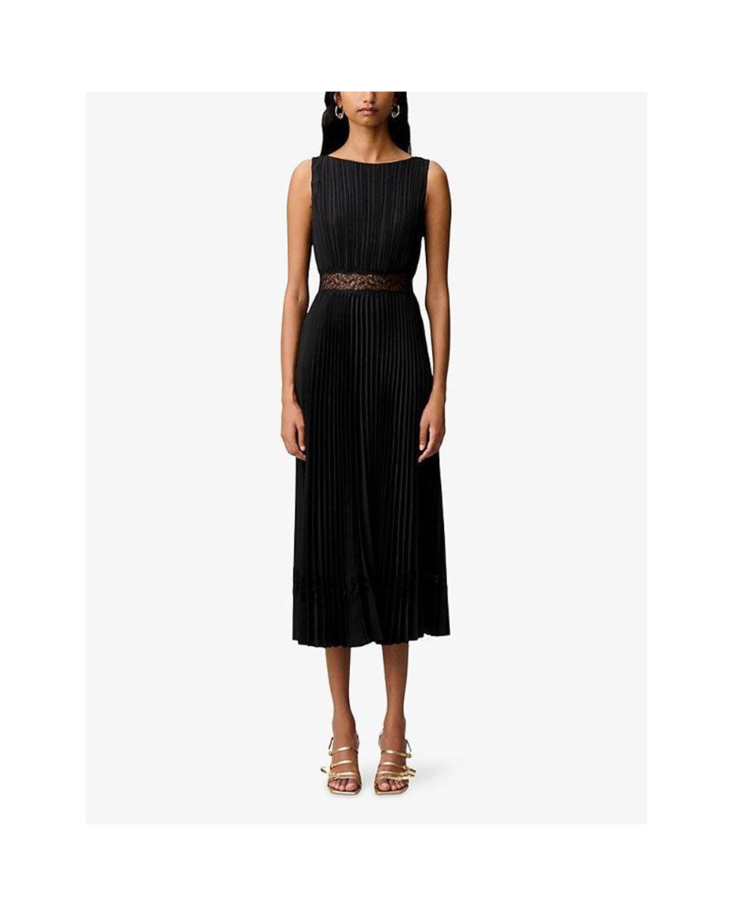 Claudie Pierlot Black Pleated Lace-Trim Satin Midi Dress