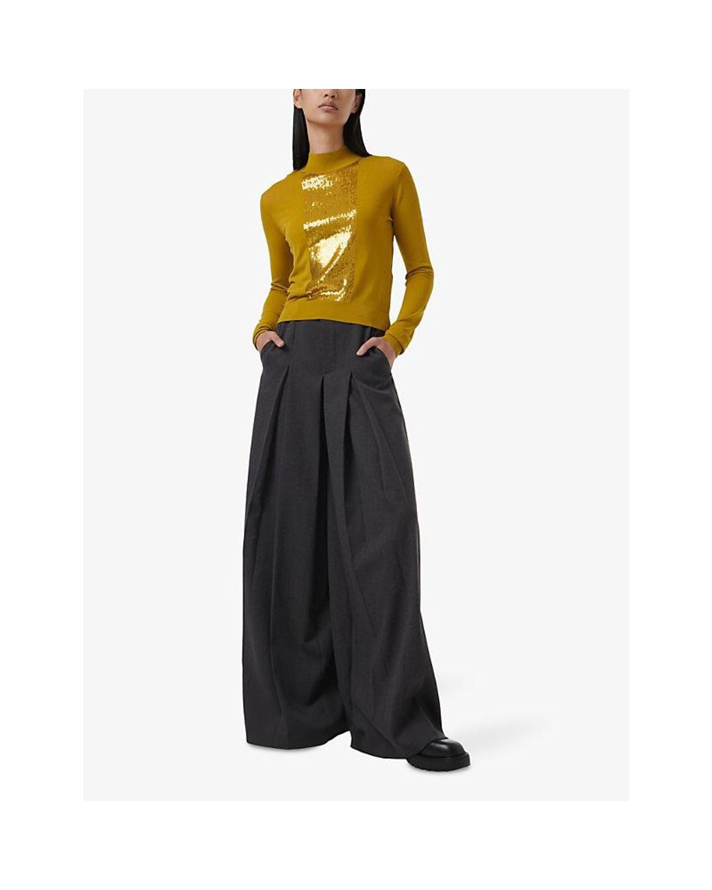 eem Yellow Sequin-Embellished Funnel-Neck Knitted Jumper