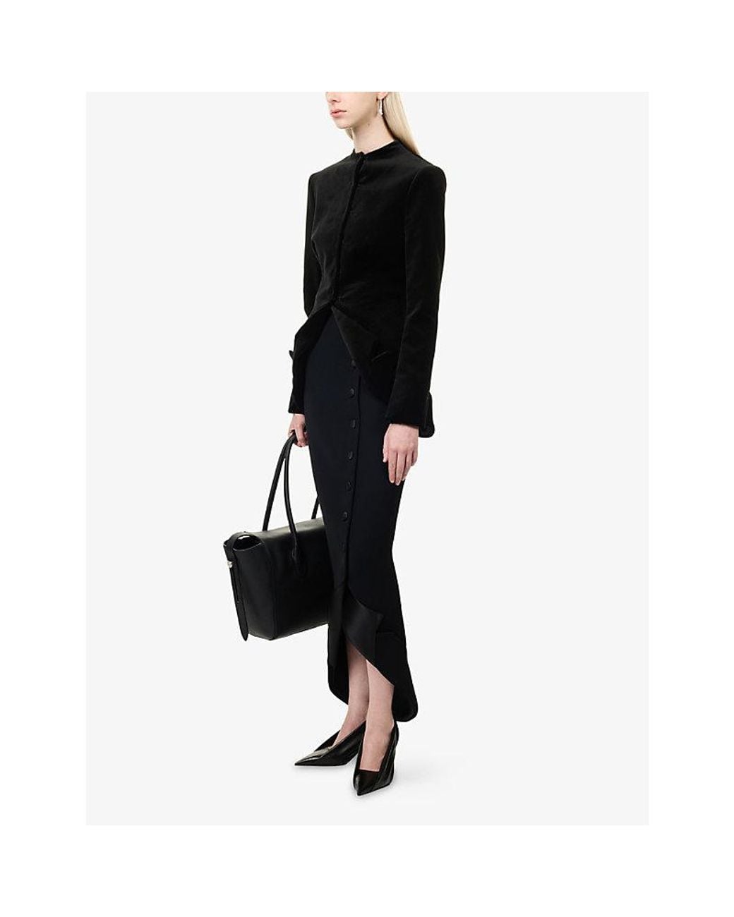A.W.A.K.E. MODE Black Tailored Collared Hem Woven Maxi Skirt
