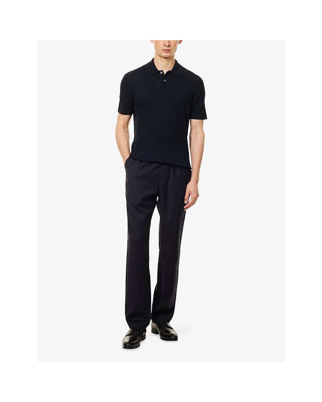 Dunhill Blue Cable-Knit Short-Sleeves Cotton And Silk Polo Shirt for men