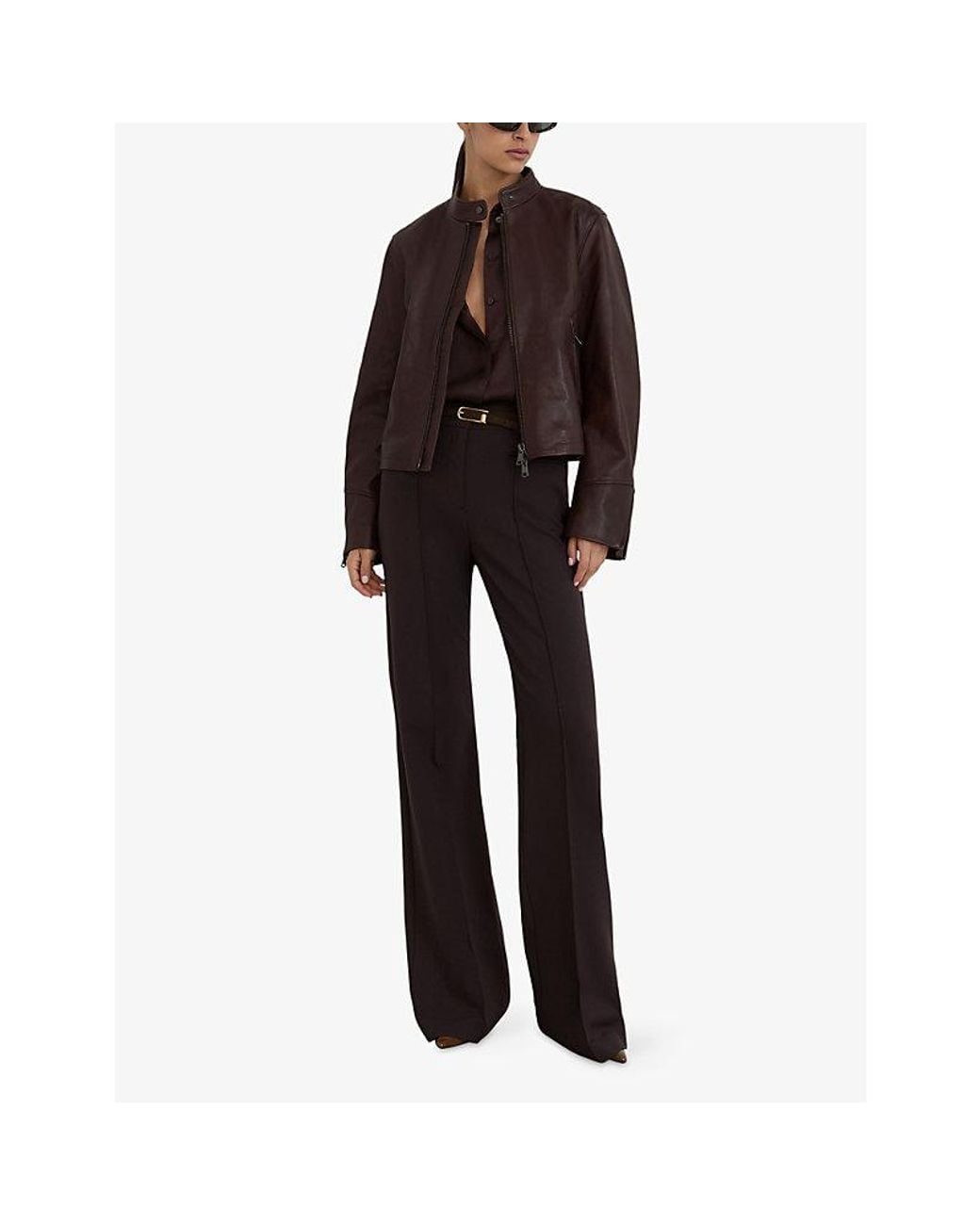 Reiss Brown Erin Stand-Collar Leather Biker Jacket