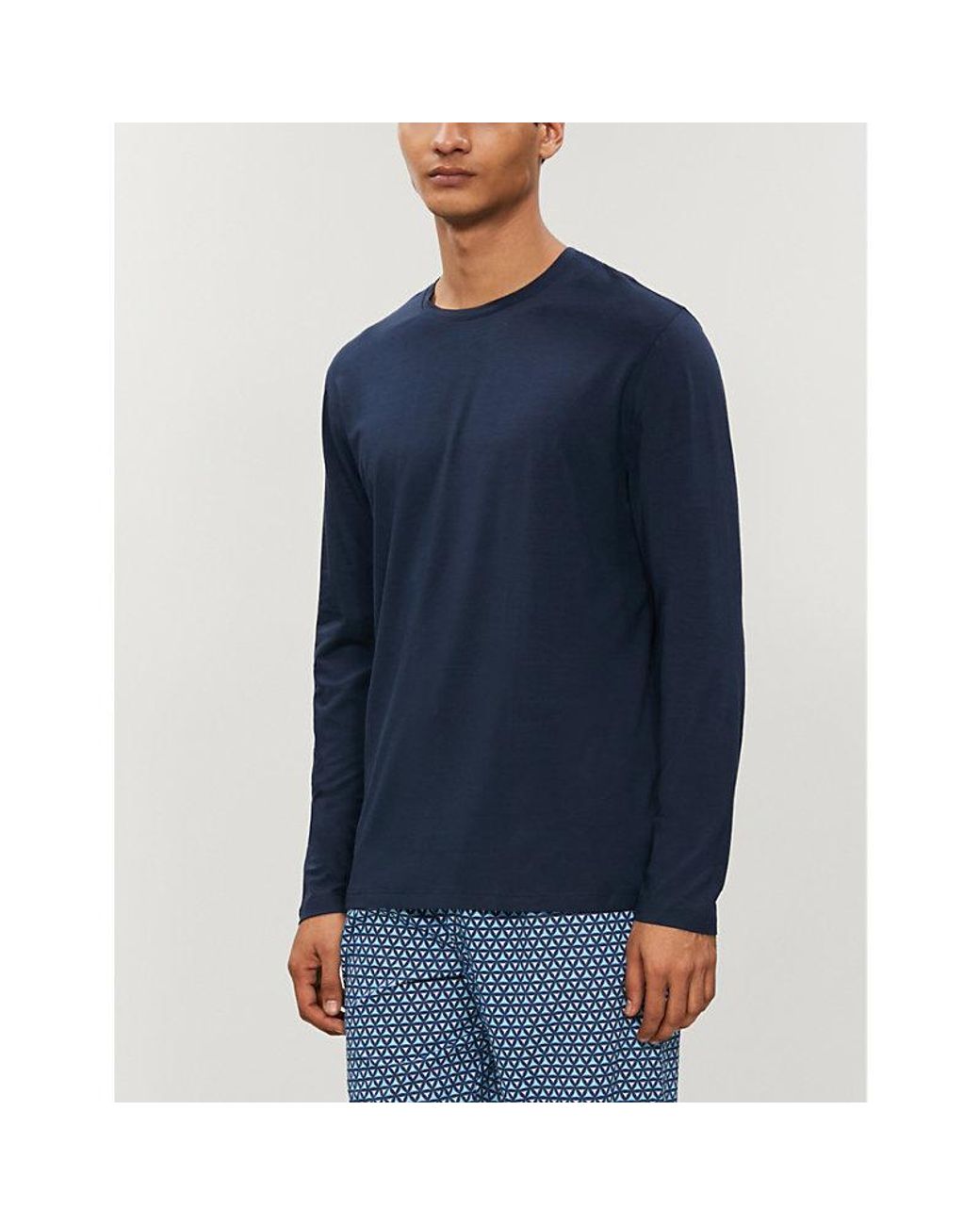 Derek Rose Blue Basel Long-Sleeved Stretch-Cotton Top for men