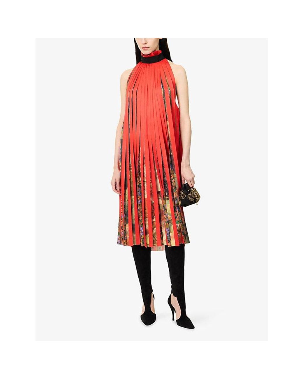 Dries Van Noten Red Dansa Halter Floral Pleat Woven Midi Dress