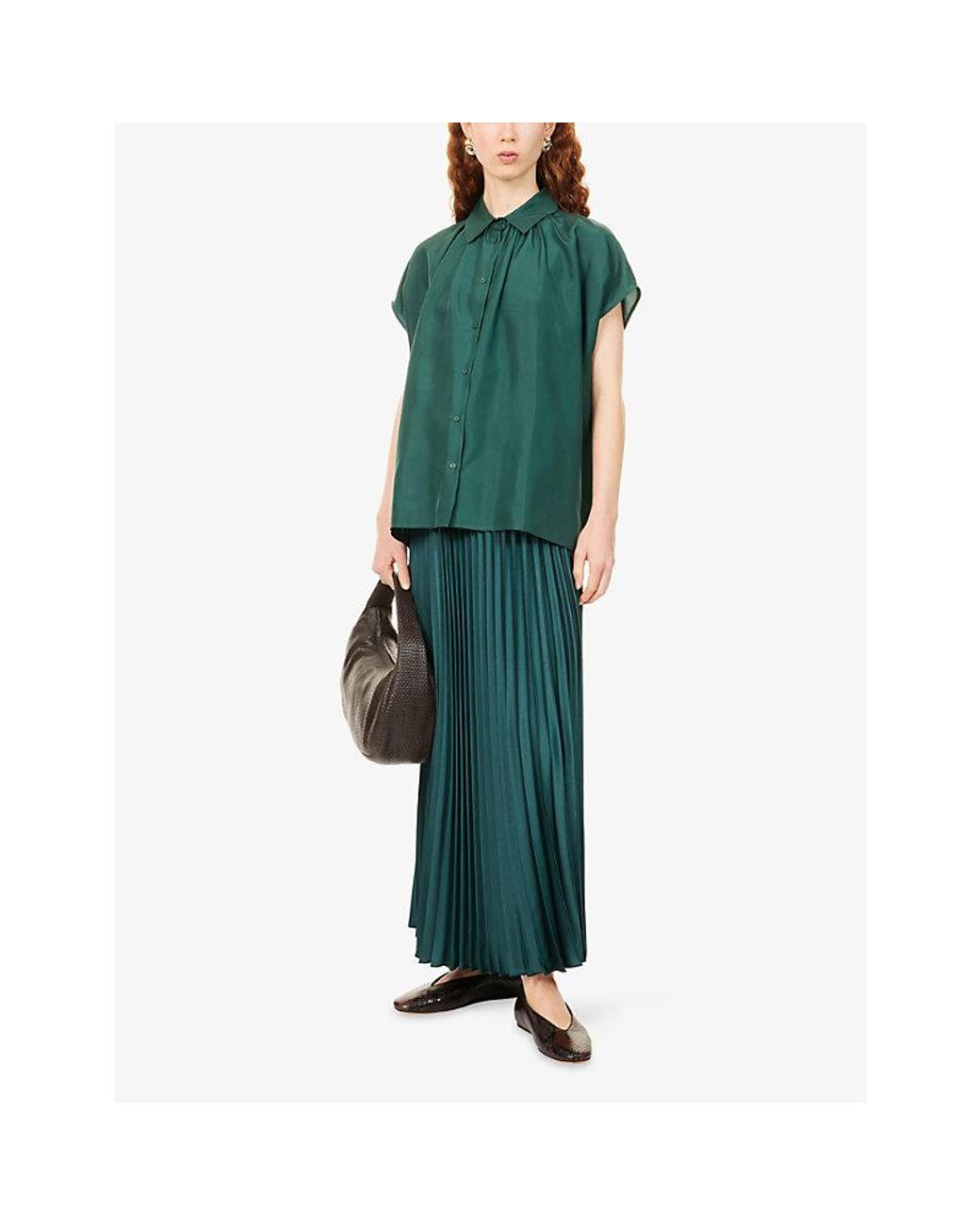 Weekend by Maxmara Green Crine Short-Sleeve Silk Shirt