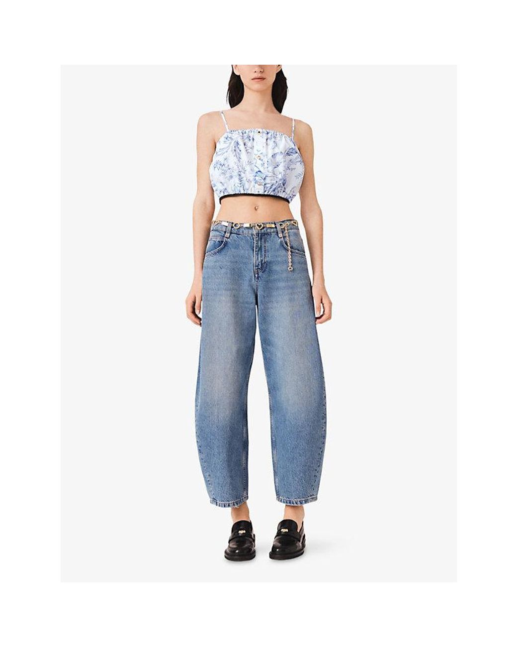 Maje White Floral-Print Gathered Lyocell And Cotton-Blend Top