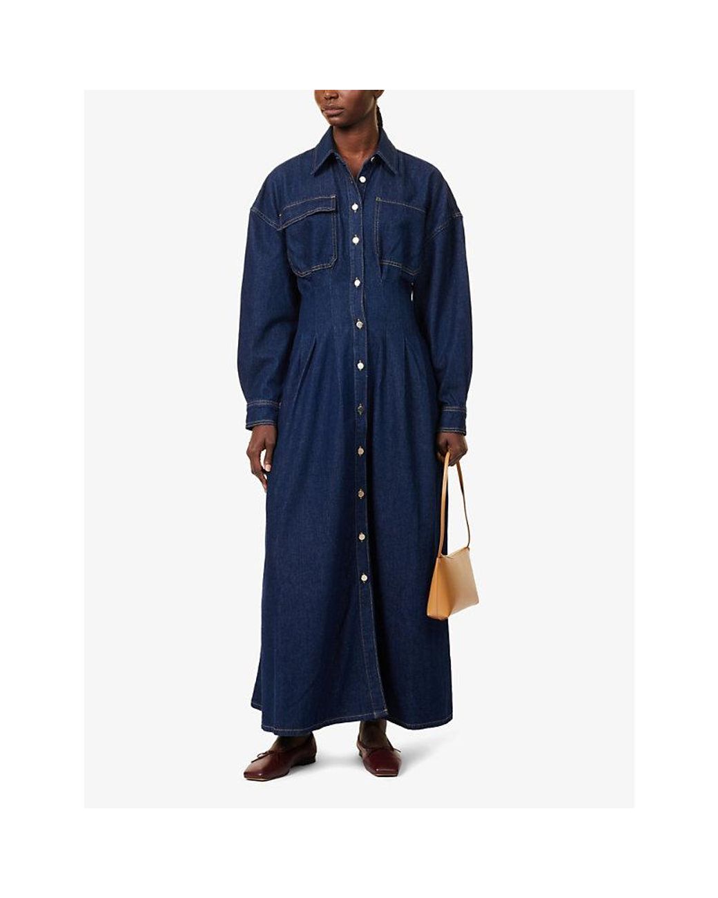 FRAME The Nipped Long-Sleeve Denim Maxi Dress in Blue | Lyst
