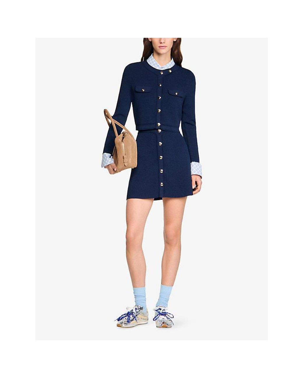 Sandro Blue Cropped Ribbed Knitted Cardigan
