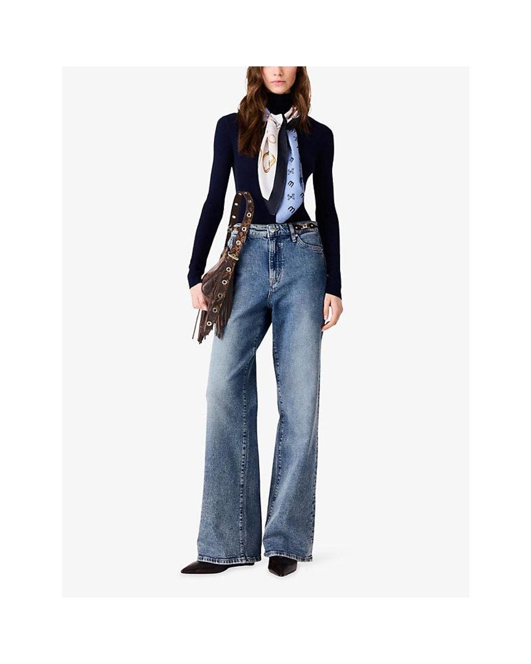 Maje Blue Leather-Buckle Wide-Leg High-Rise Jeans
