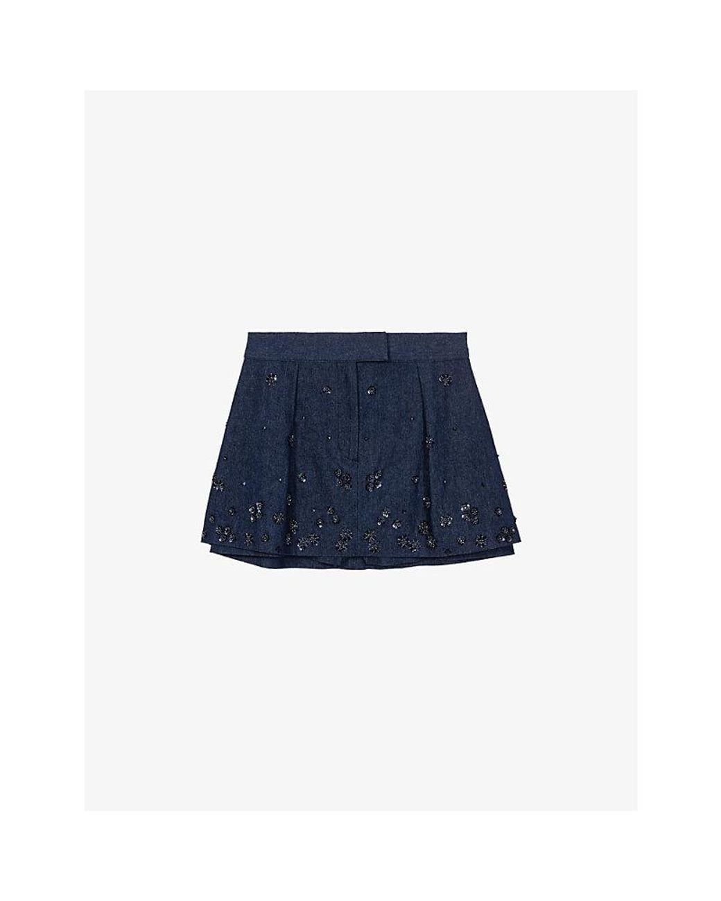 Maje Blue Layered Sequin-Embroidered Denim Shorts