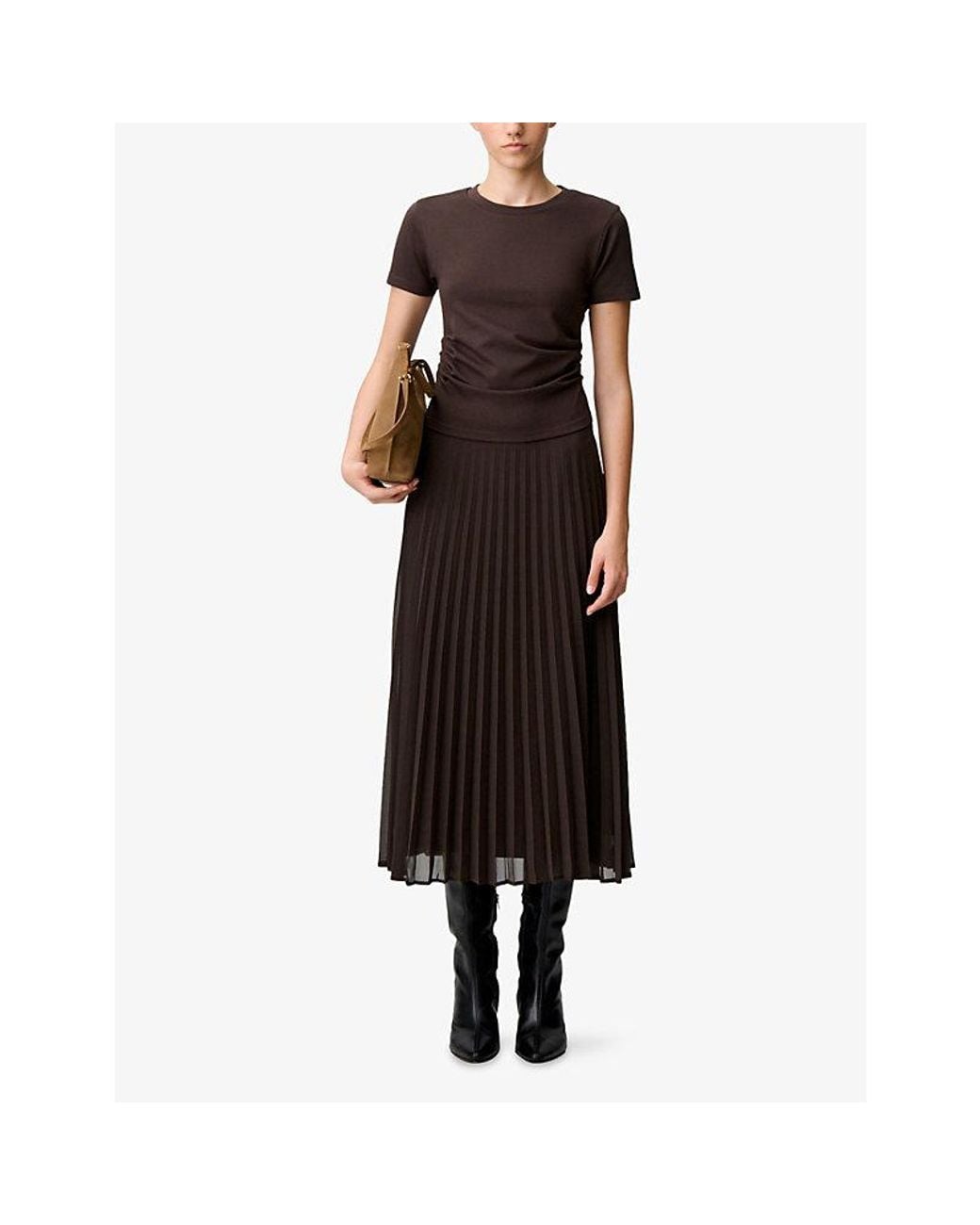 Claudie Pierlot Brown Pleated Semi-Sheer Jersey Midi Dress