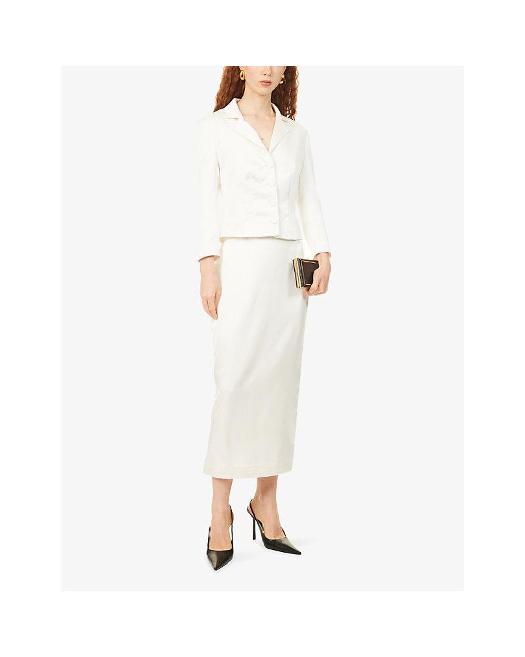 Anna October White Aletta Pencil Satin Midi Skirt