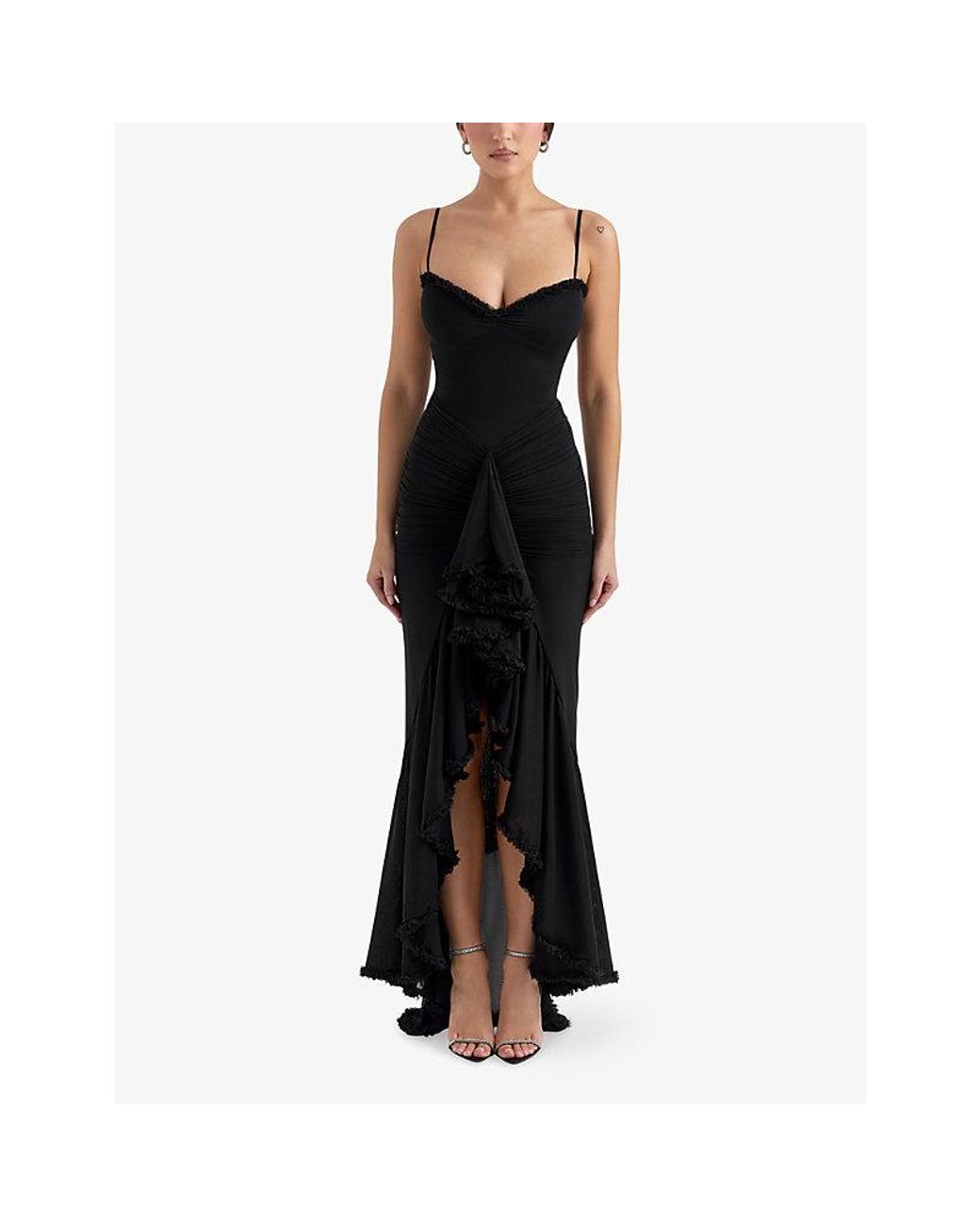 House Of Cb Black Gabbi Ruffle-Trim Stretch-Woven Maxi Dress