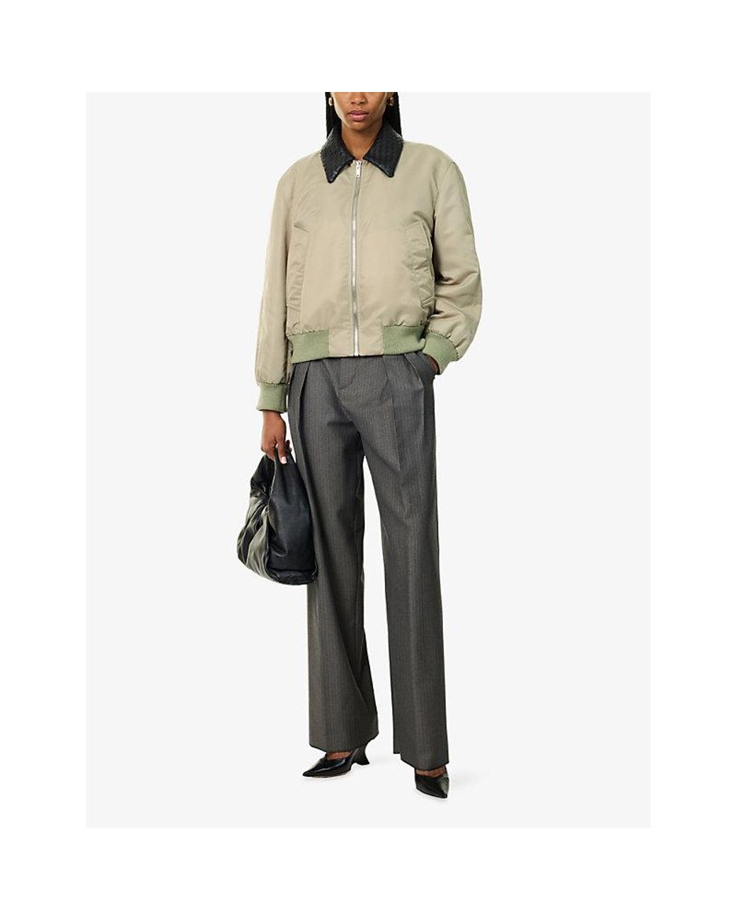 Bottega Veneta Natural Intrecciato Collar Nylon Bomber Jacket