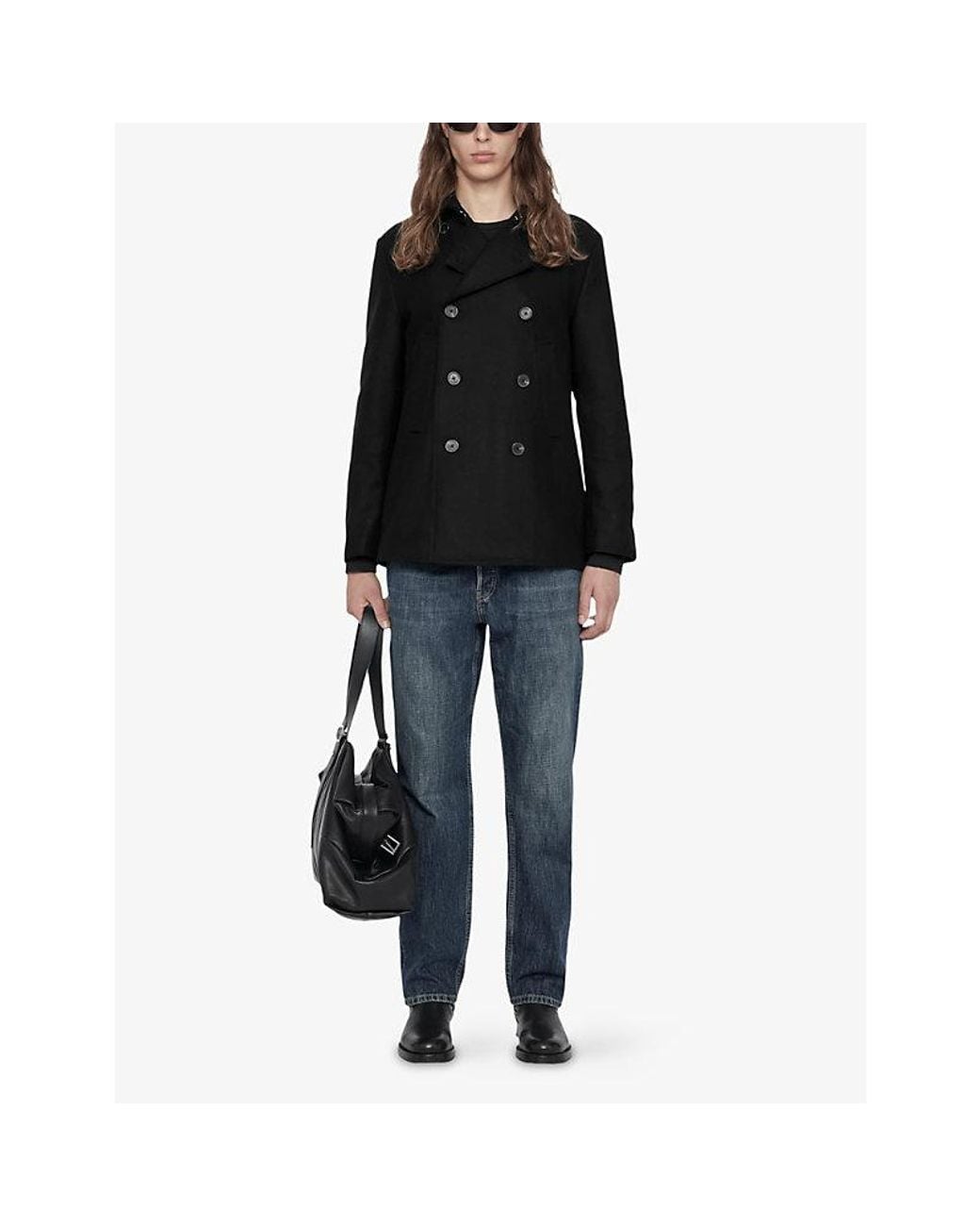 AllSaints Black Lagan Double-Breasted Wool-Blend Peacoat for men