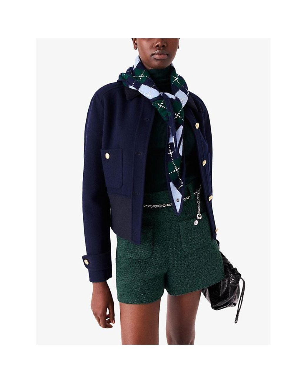 Maje Blue Argyle Printed Wool Triangle Scarf