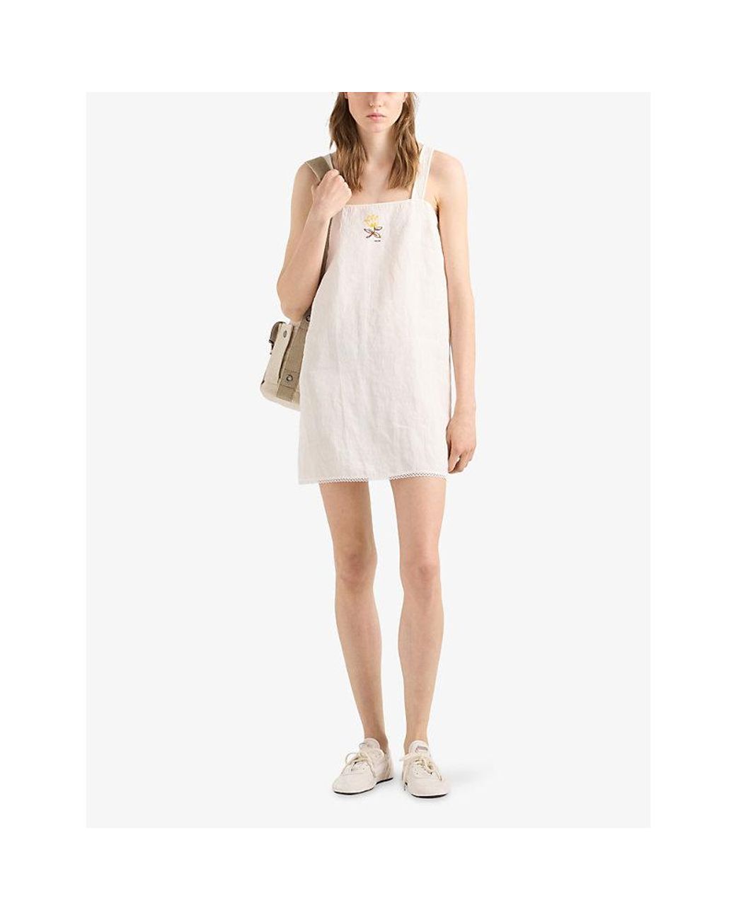 Prada White Embroidered Slubbed Linen Mini Dress