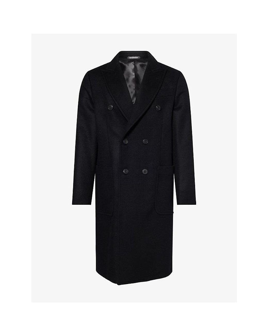 Emporio Armani Black Double-Breasted Peak-Lapel Wool-Cashmere Blend Overcoat for men