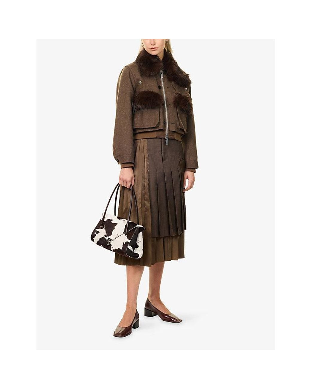 Sacai Brown Double-Layered Pleated Twill Midi Skirt