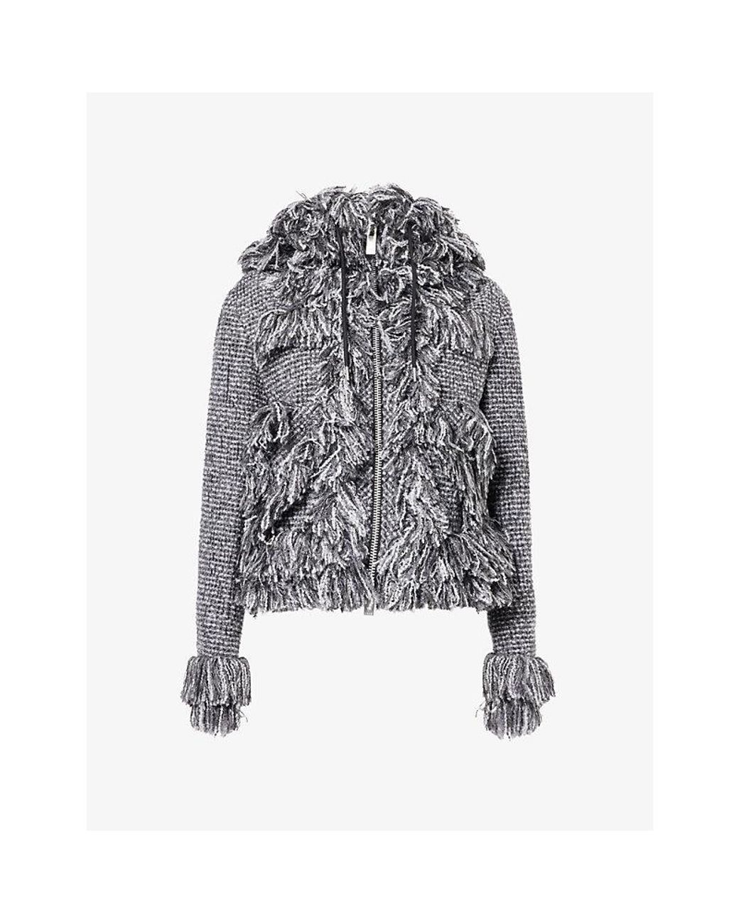 Sacai Gray Tassel-Trim Hooded Tweed Jacket