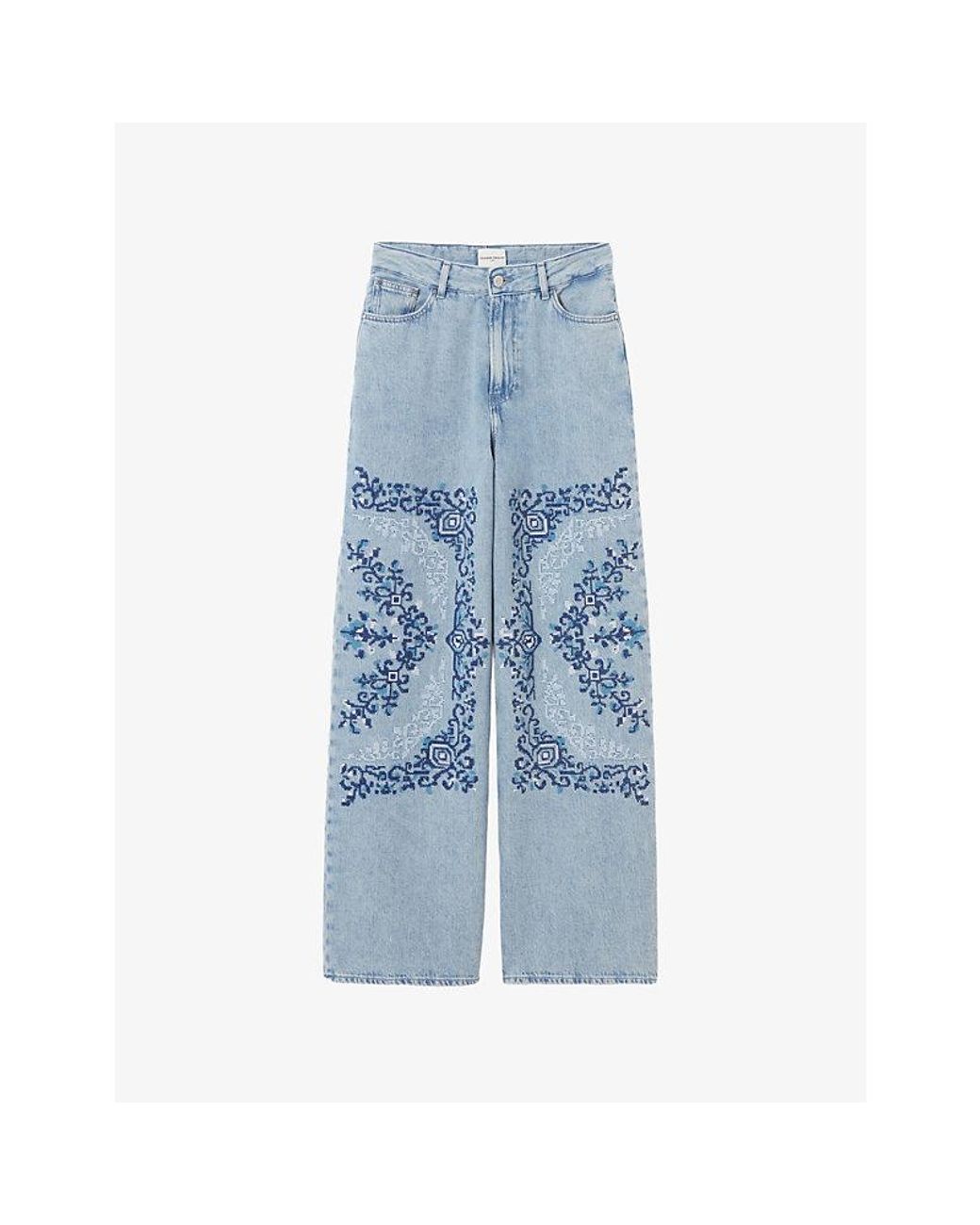 Claudie Pierlot Blue Wide-Leg Embroidered Denim Jeans