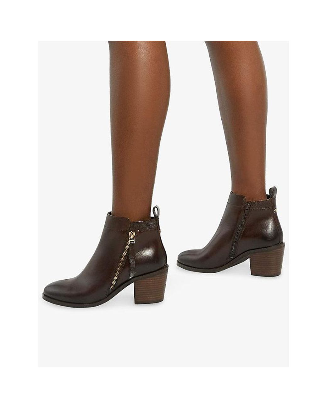 Dune Brown Paicing Wide-Fit Leather Heeled Ankle Boots