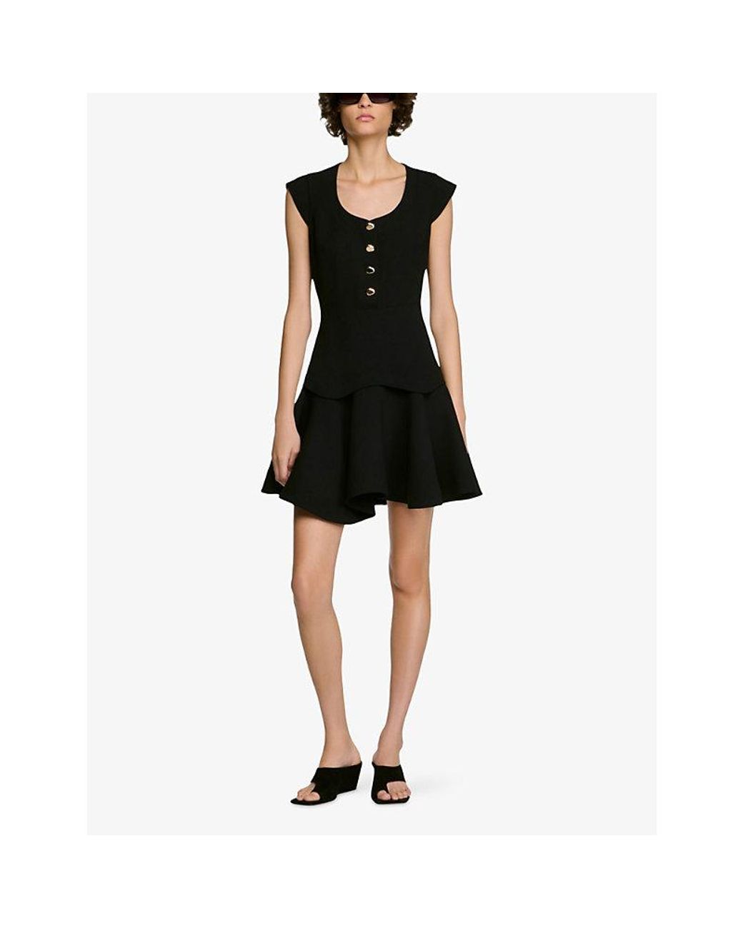 Sandro Black Button-Front Flared-Hem Crepe Mini Dress