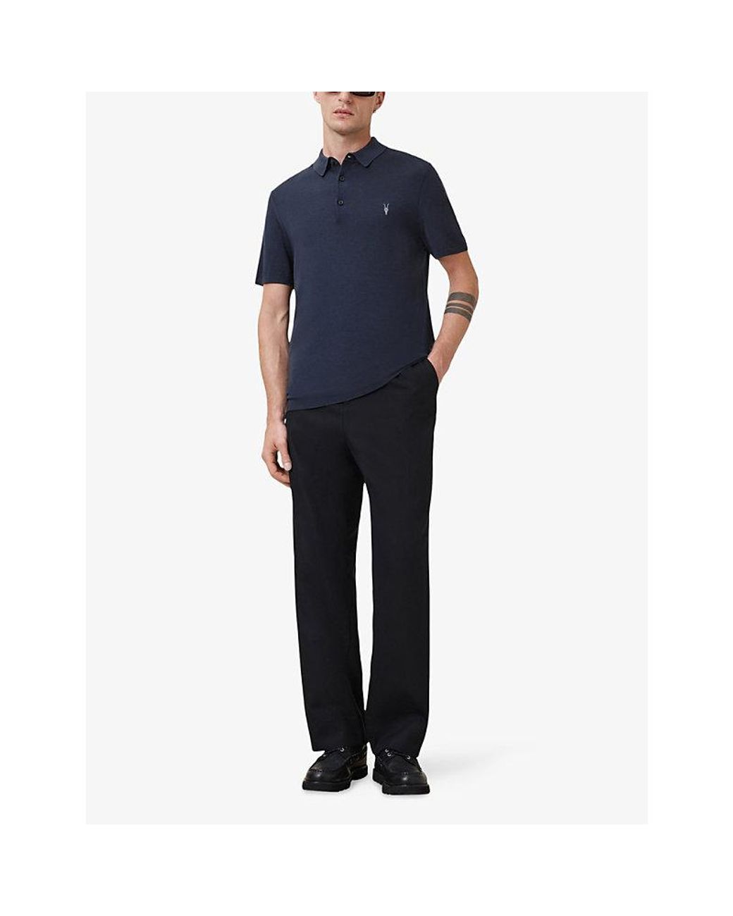 AllSaints Blue Mode Short-Sleeve Merino Wool Polo Shirt for men