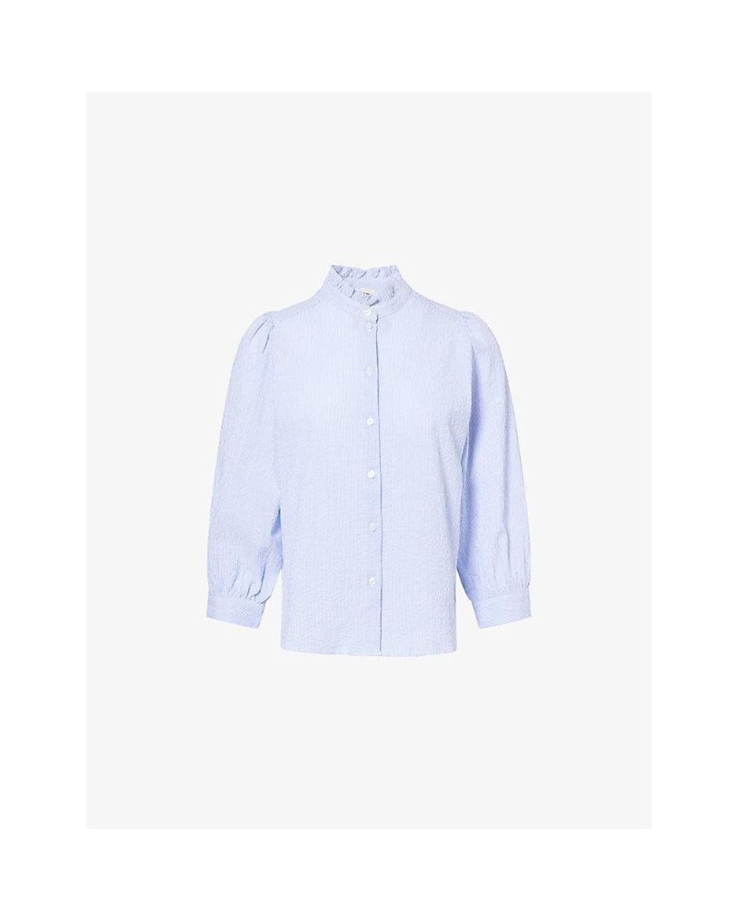 ME+EM Blue Striped Pouf-Sleeve Cotton-Seersucker Blouse