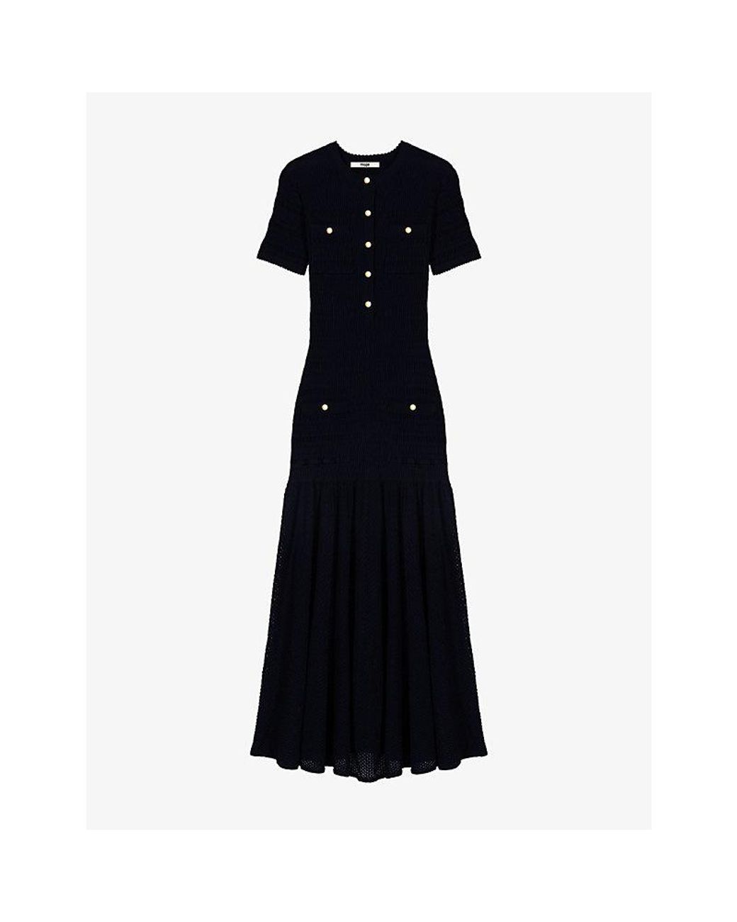 Maje Black Pointelle Short-Sleeve Stretch-Knit Maxi Dress
