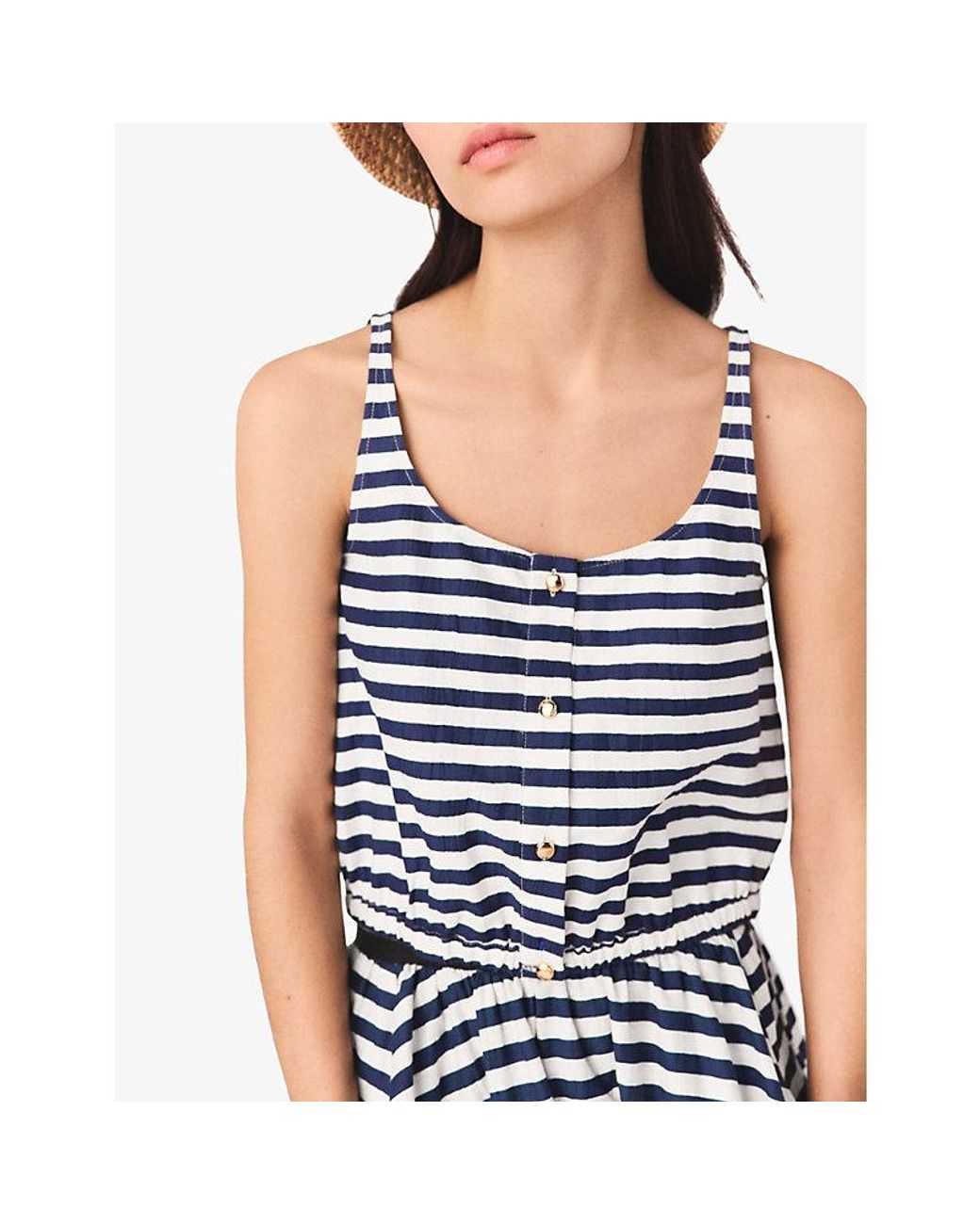 Maje Blue Striped Scoop-Neck Woven Top