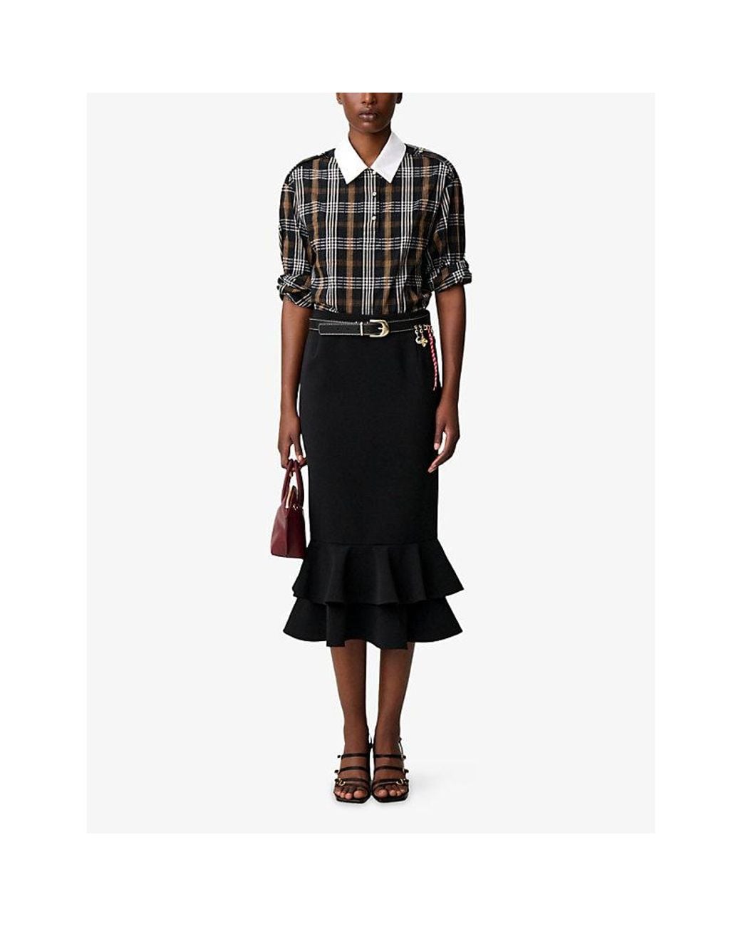 Claudie Pierlot Black Ruffled-Trim Crepe Midi Skirt