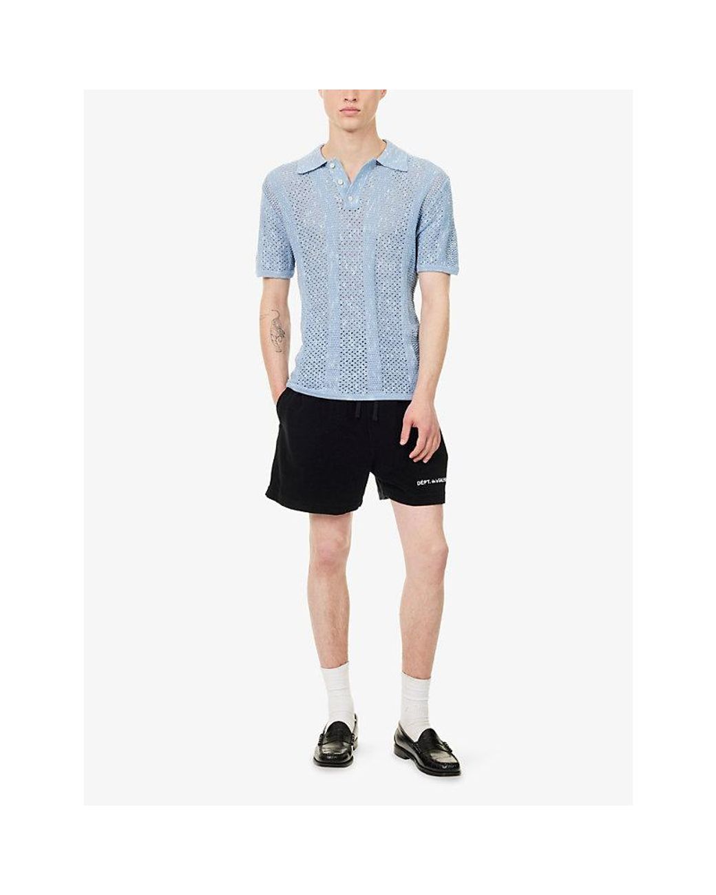 Les Deux Blue Striped Lace Knitted Cotton-Blend Polo Top for men