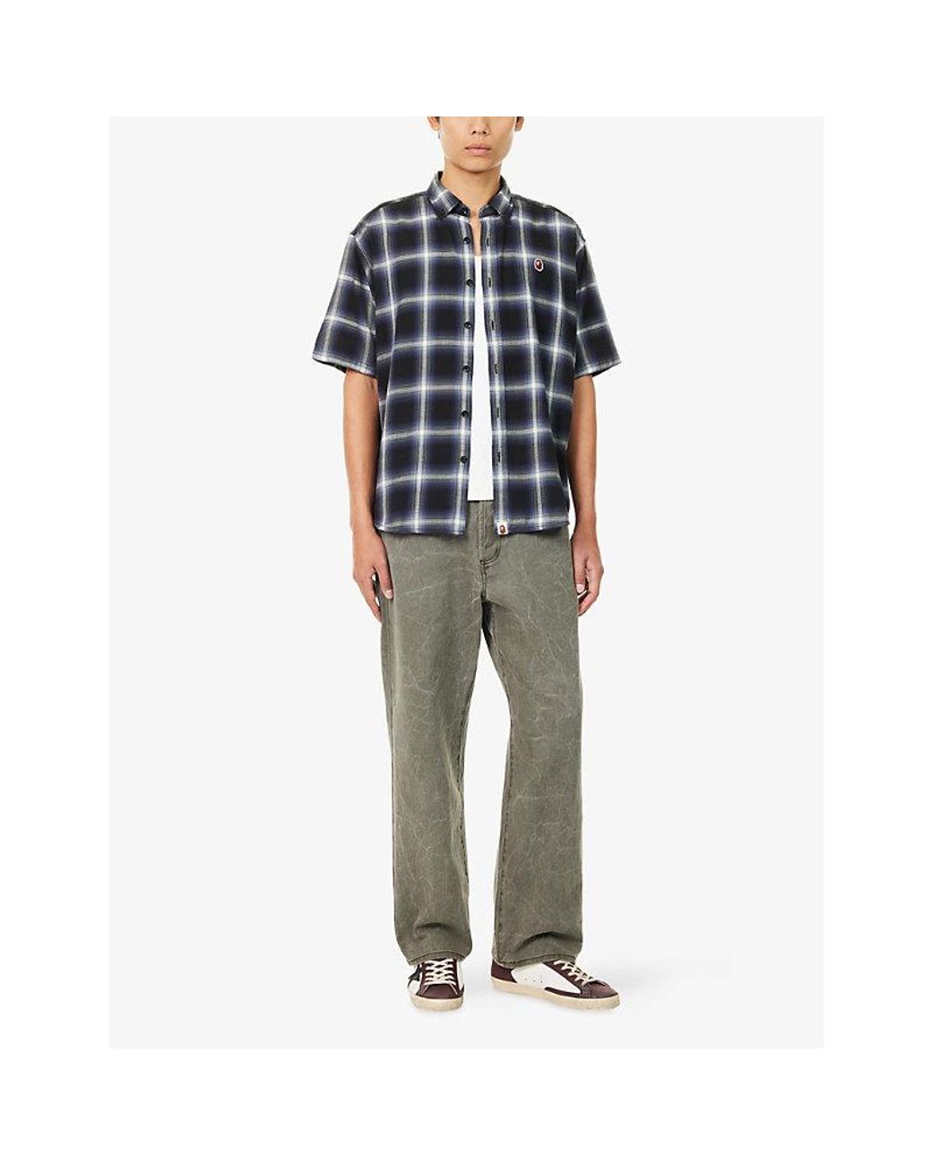 A Bathing Ape Blue One Point Plaid-Print Cotton-Blend Shirt for men