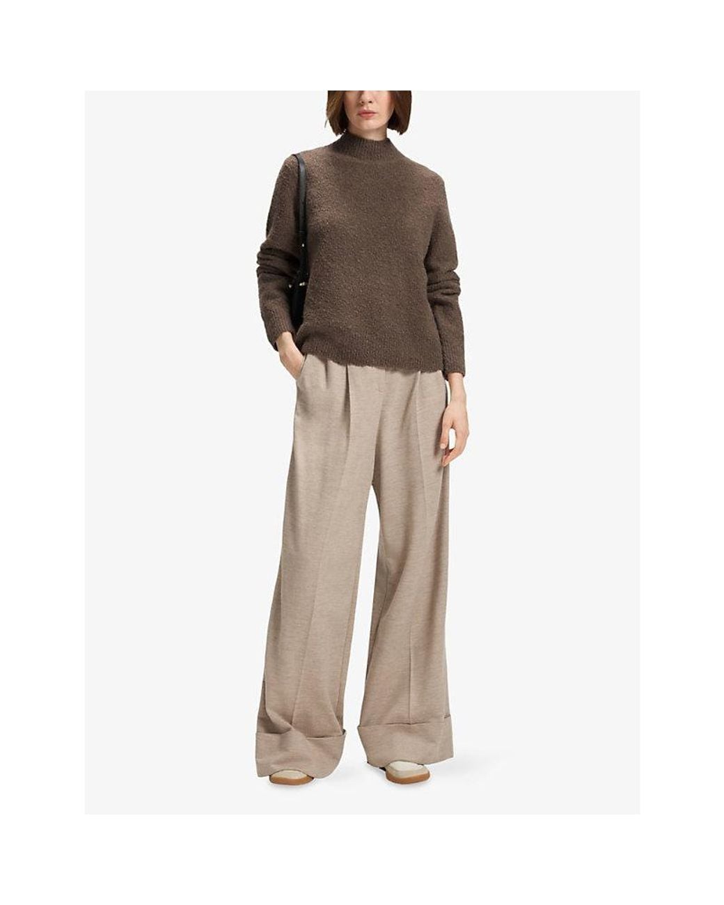 Boss Brown Bouclé-Texture High-Neck Wool-Blend Jumper