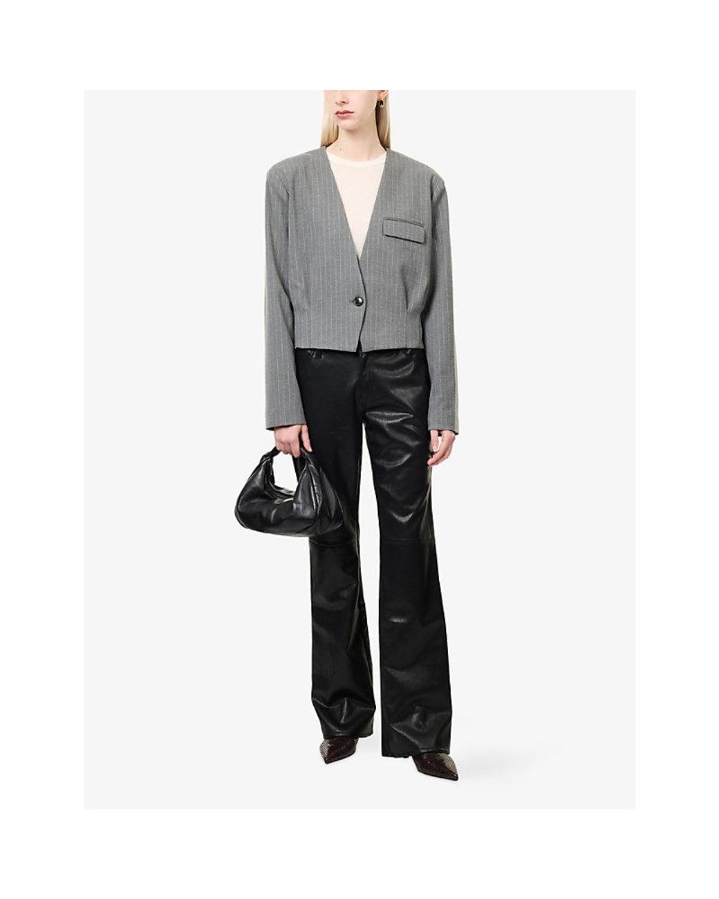 GOOD AMERICAN Gray The Collarless Cropped Woven Blazer