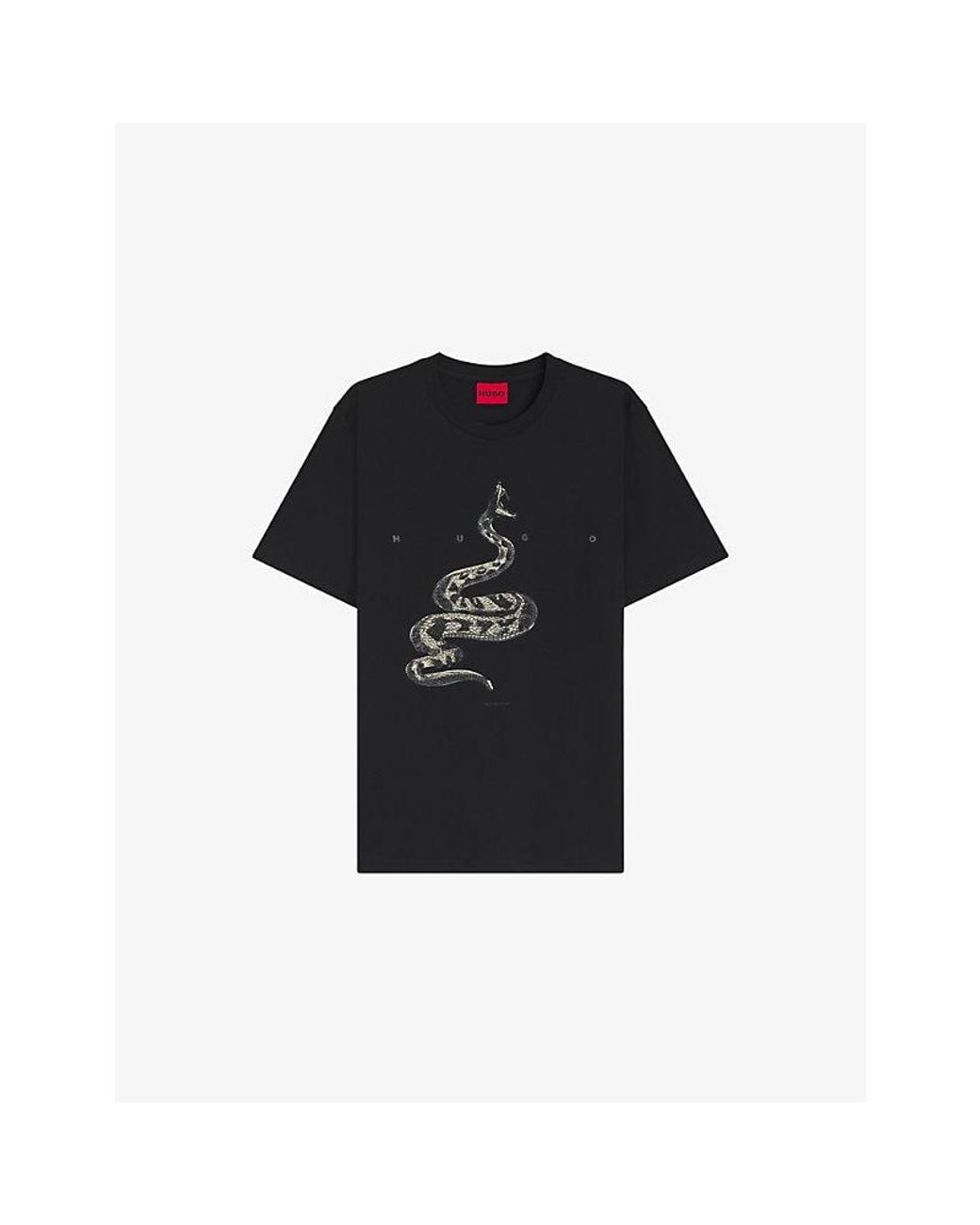 HUGO Black Snake-Print Short-Sleeved Cotton-Jersey T-Shirt for men