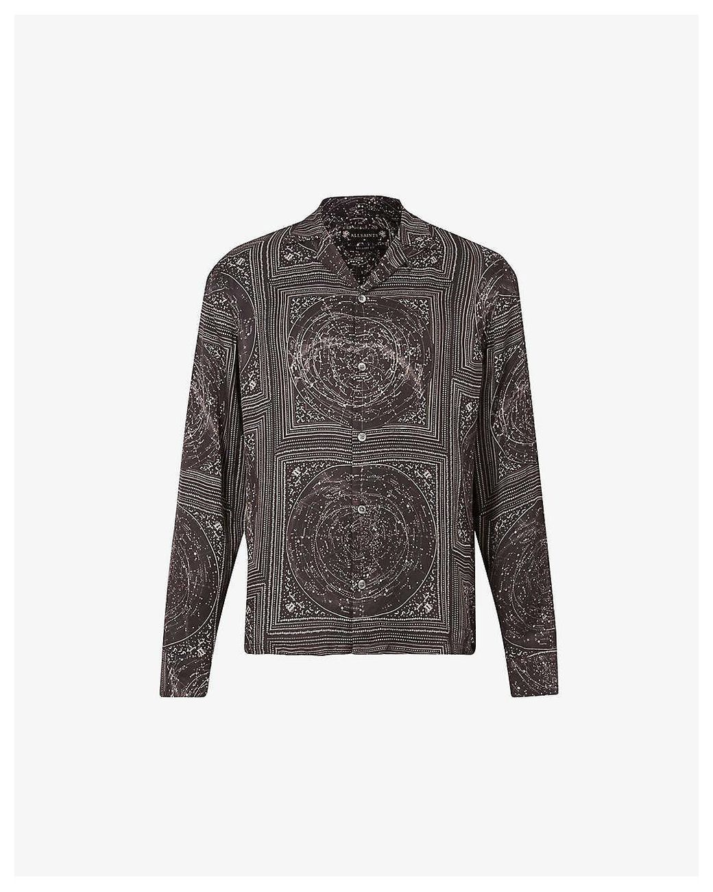 AllSaints Mens Jet Black Star Bandana Campcollar Crepe Shirt L for Men