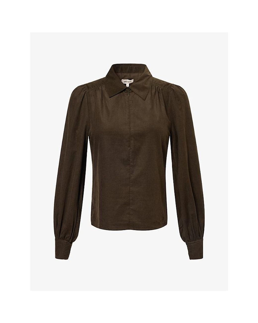 ME+EM Brown Babycord Balloon-Sleeve Cotton-Blend Blouse