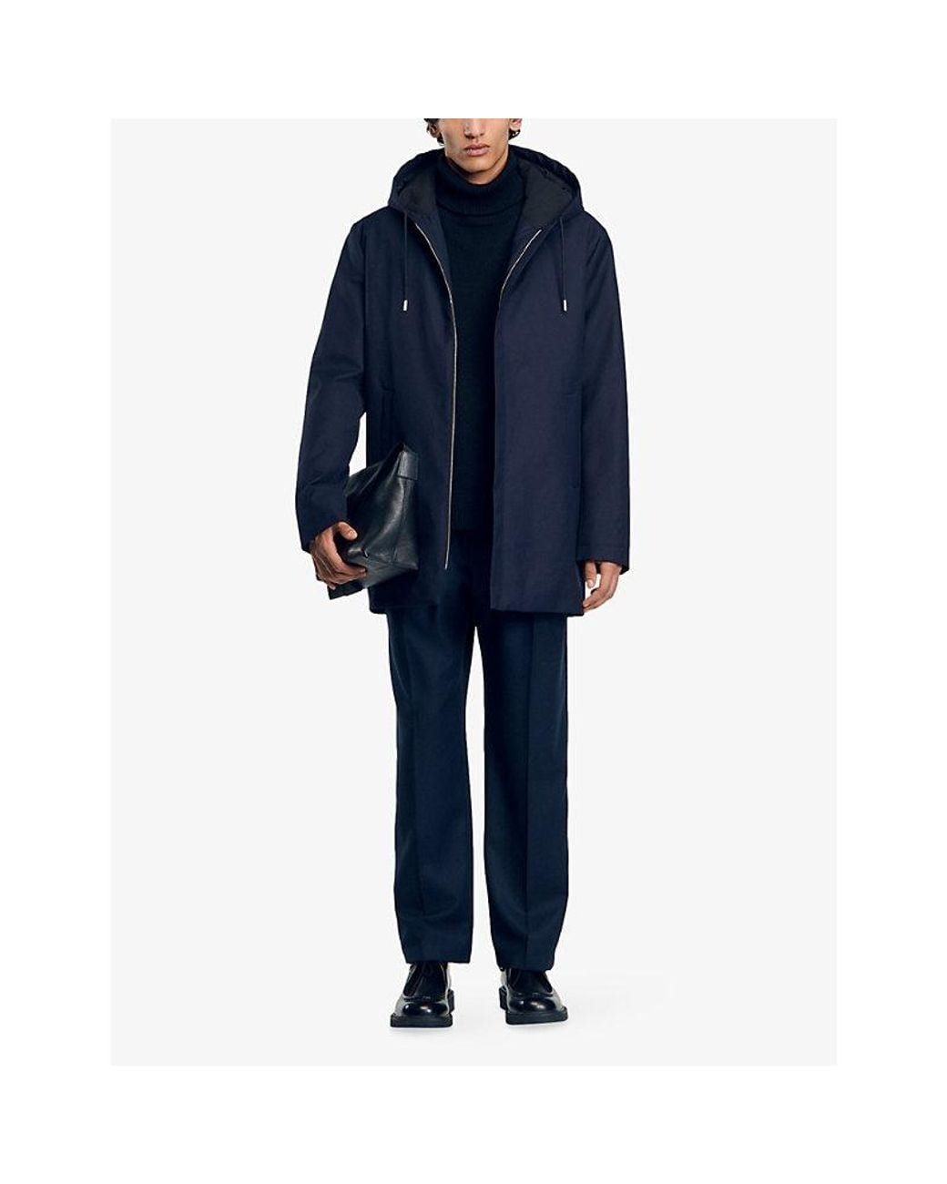 Sandro Blue Hooded Padded Wool-Blend Parka Coat for men
