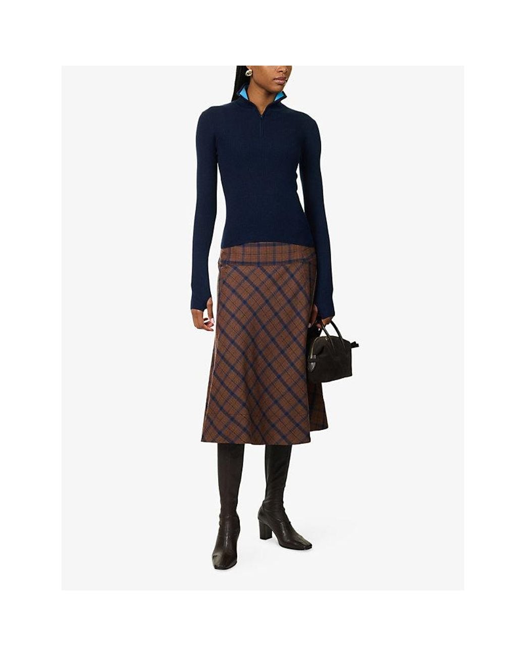 ME+EM Brown Check Fit And Flare Woven Midi Skirt