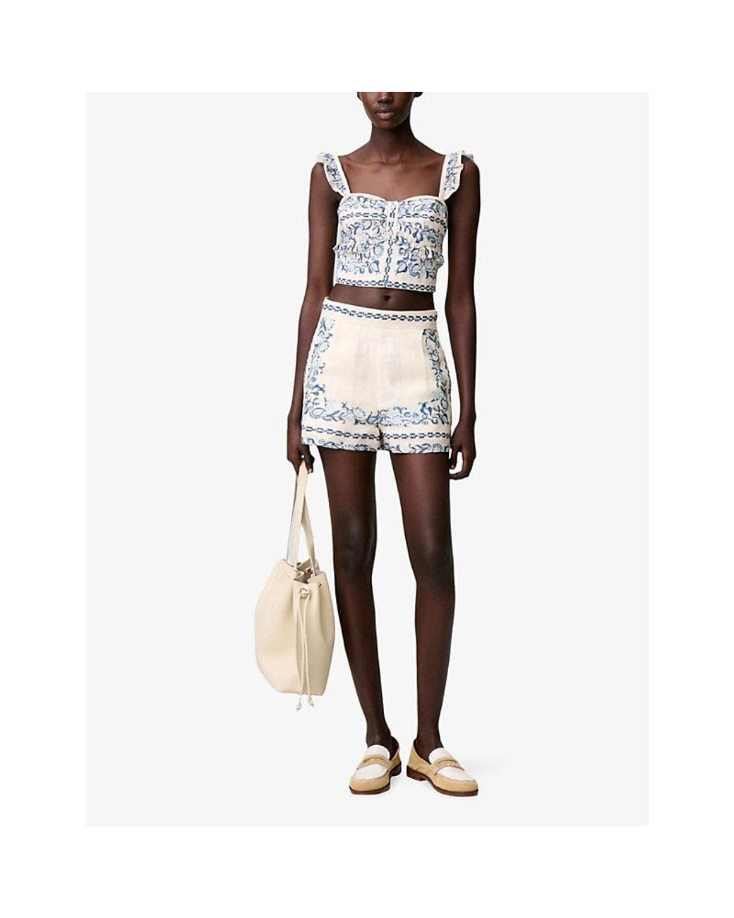 Claudie Pierlot White Floral-Print Mid-Rise Linen Shorts