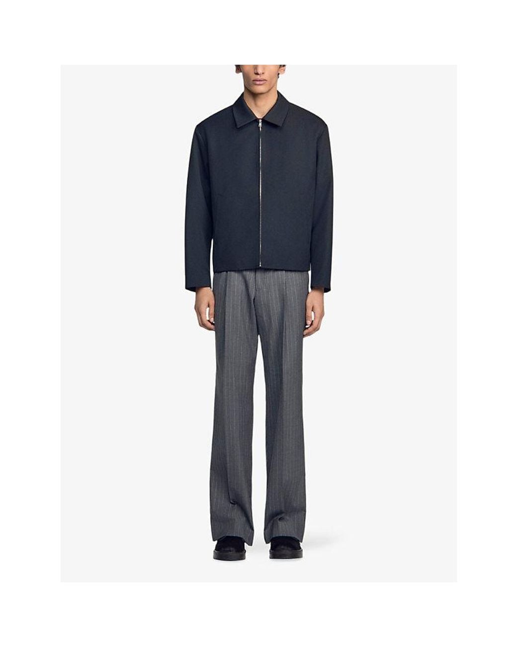 Sandro Black Minimalist Zip-Up Wool-Blend Jacket for men