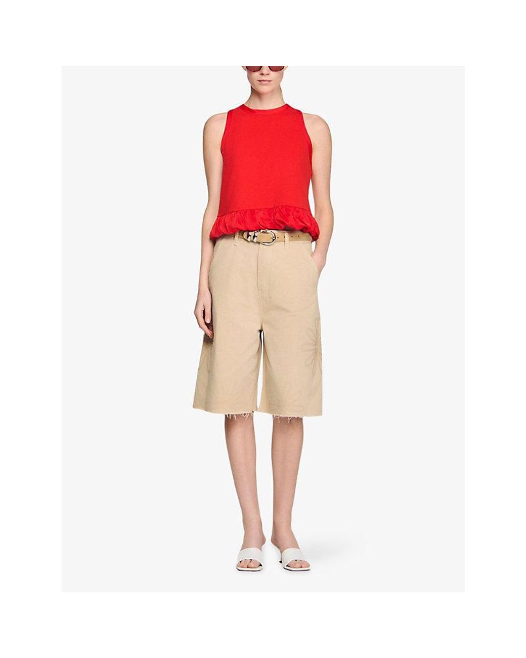 Sandro Red Bow-Back Ruffle-Hem Cotton Top