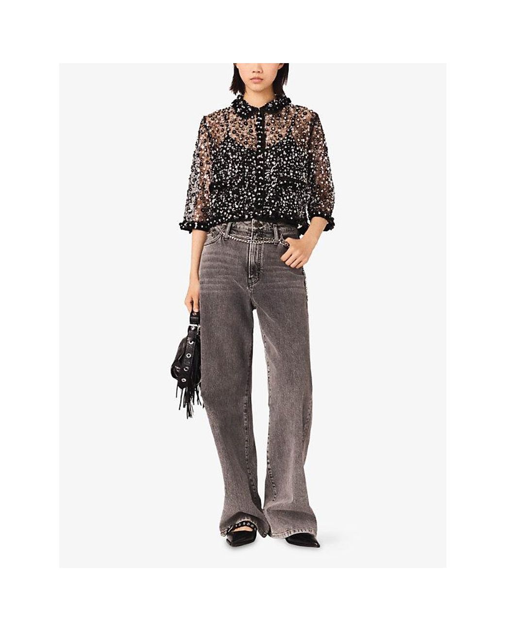 Maje Black Relaxed-Fit Sequin-Embellished Tulle Shirt