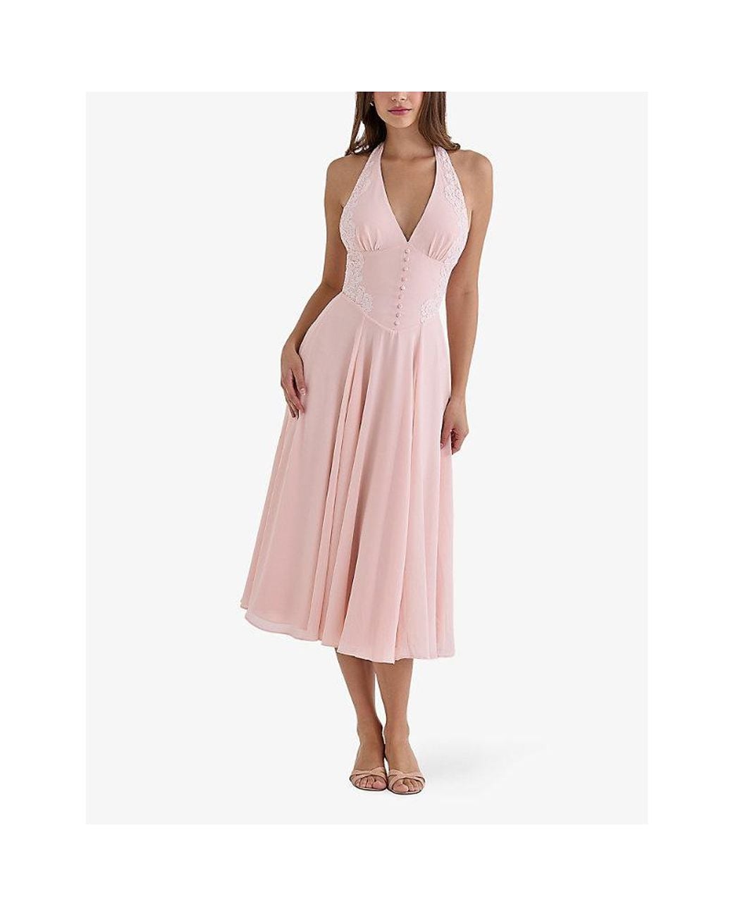 House Of Cb Pink Coco Lace-Trim Georgette Midi Dress