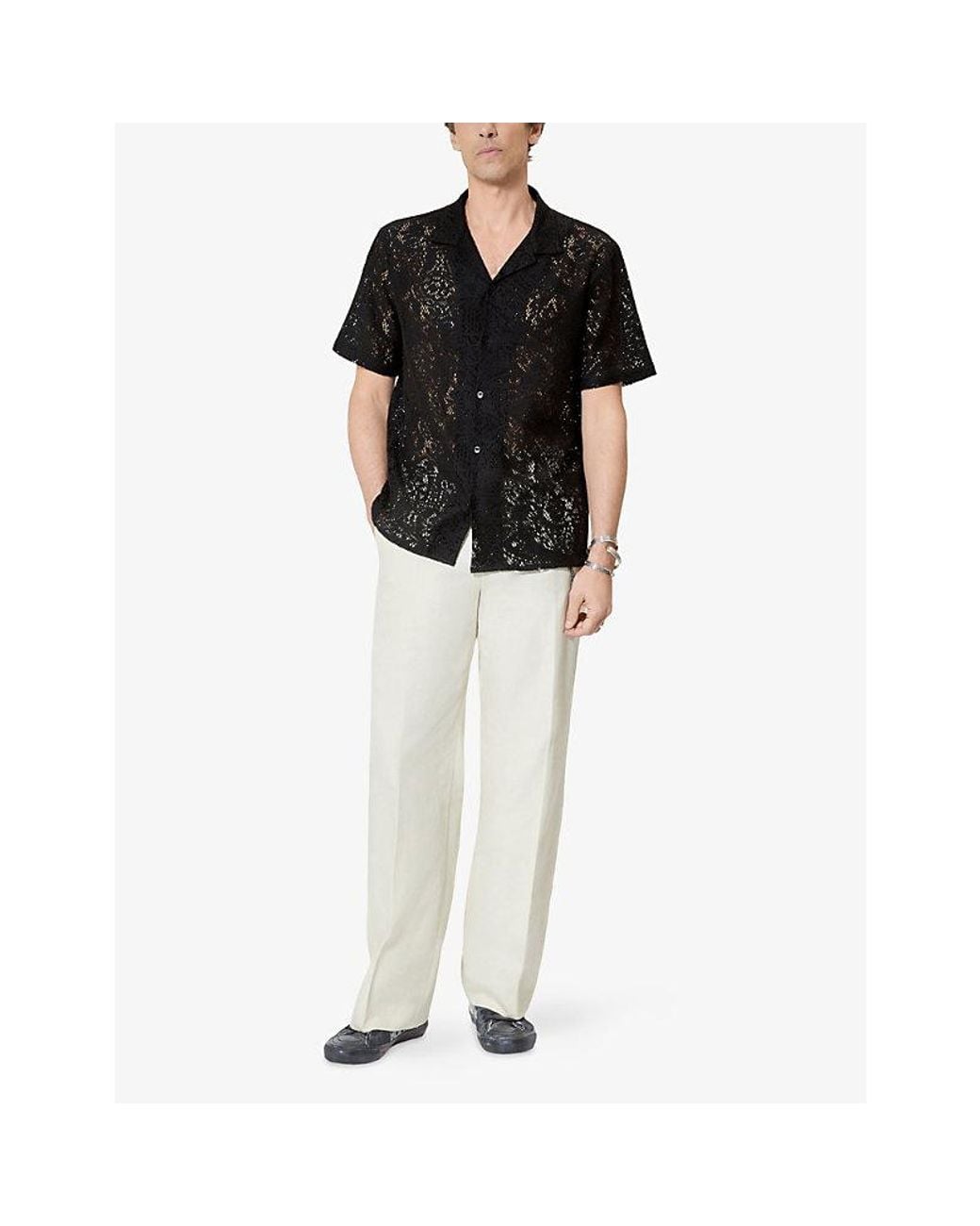 The Kooples Black Short-Sleeved Notch-Collar Lace Shirt for men