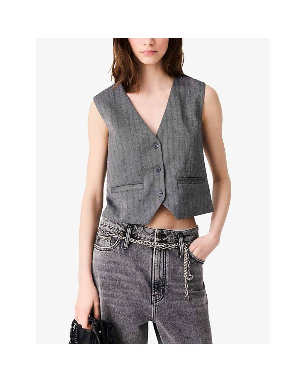 Maje Gray Tailored Rhinestone-Embellished Stretch-Woven Waistcoat
