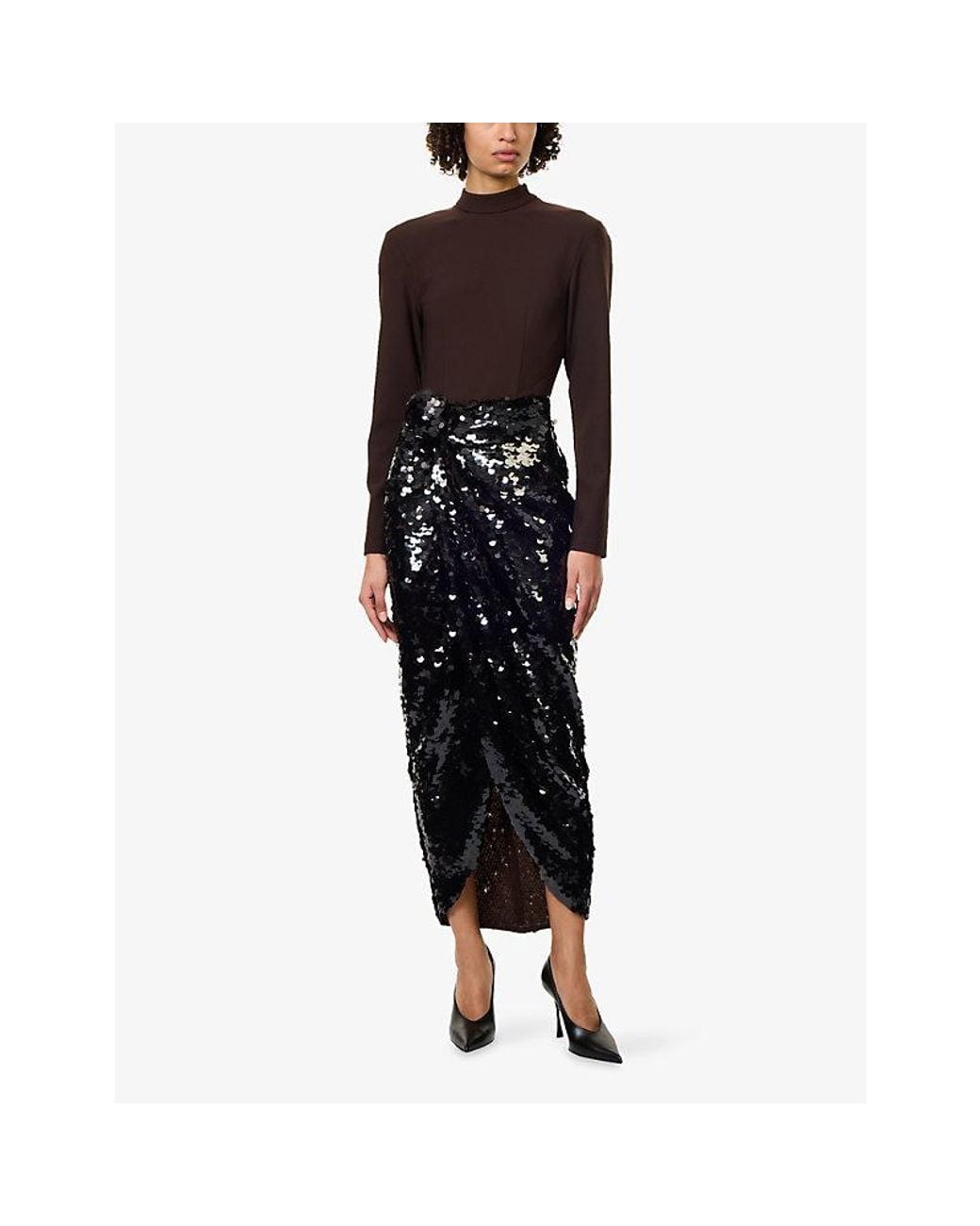 ROTATE BIRGER CHRISTENSEN Black Linetta Knotted Sequin Midi Dress