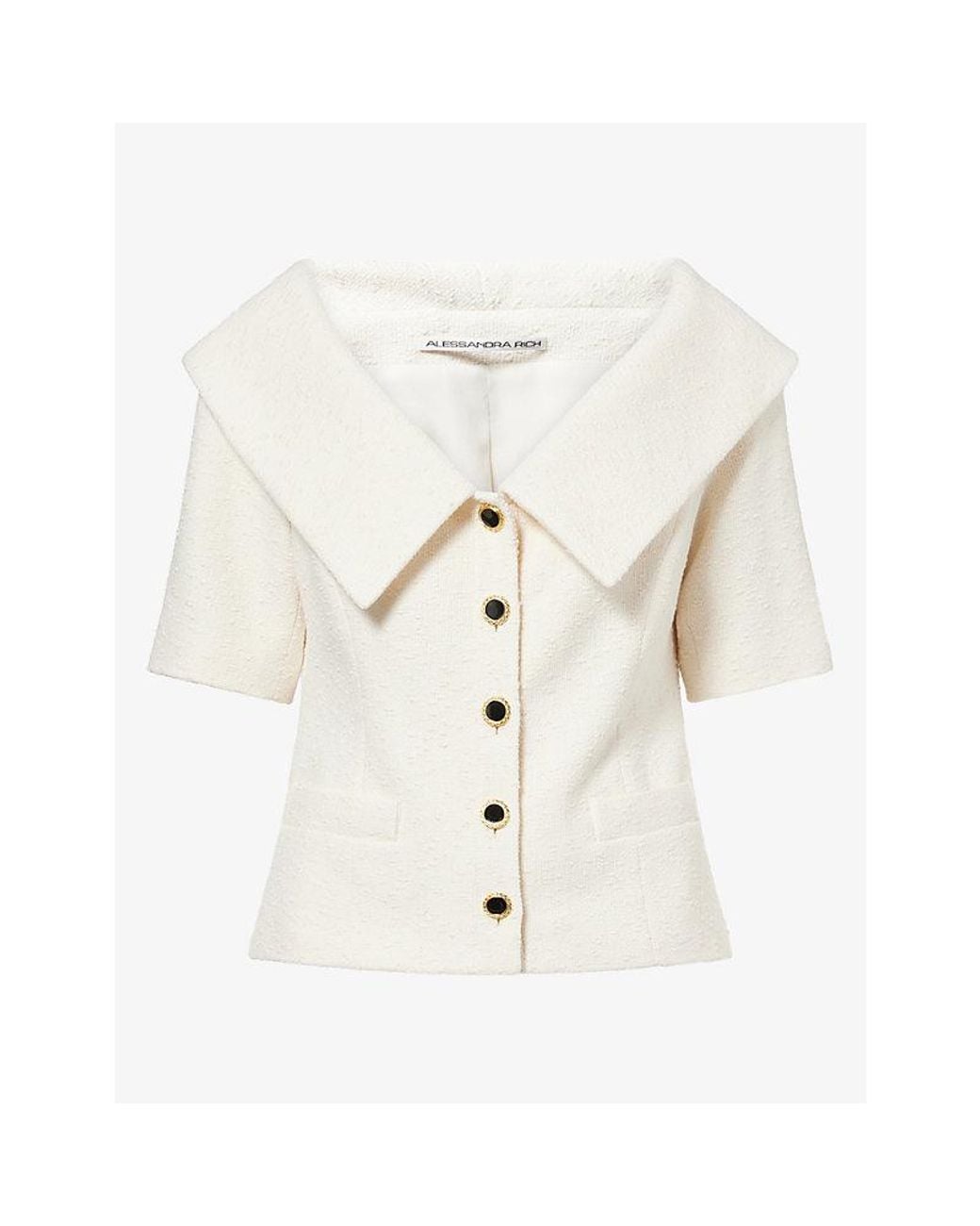 Alessandra Rich White Tweed Boucle Off-Shoulder Cotton Jacket